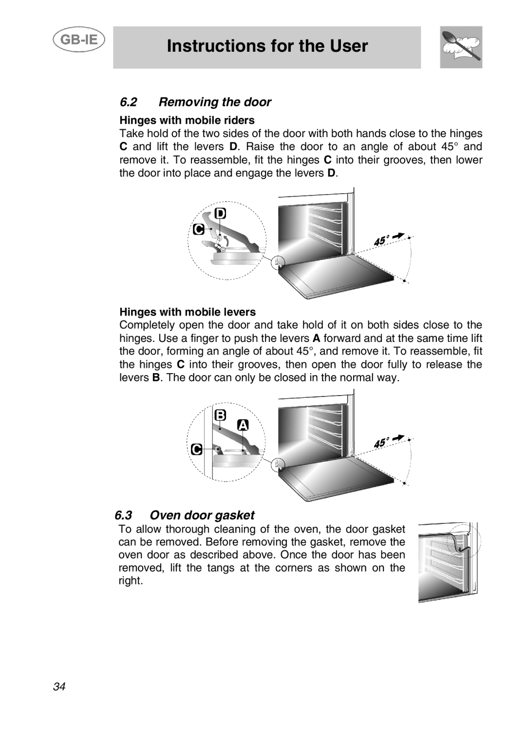 Smeg ALFA41XEN manual Removing the door, Oven door gasket 