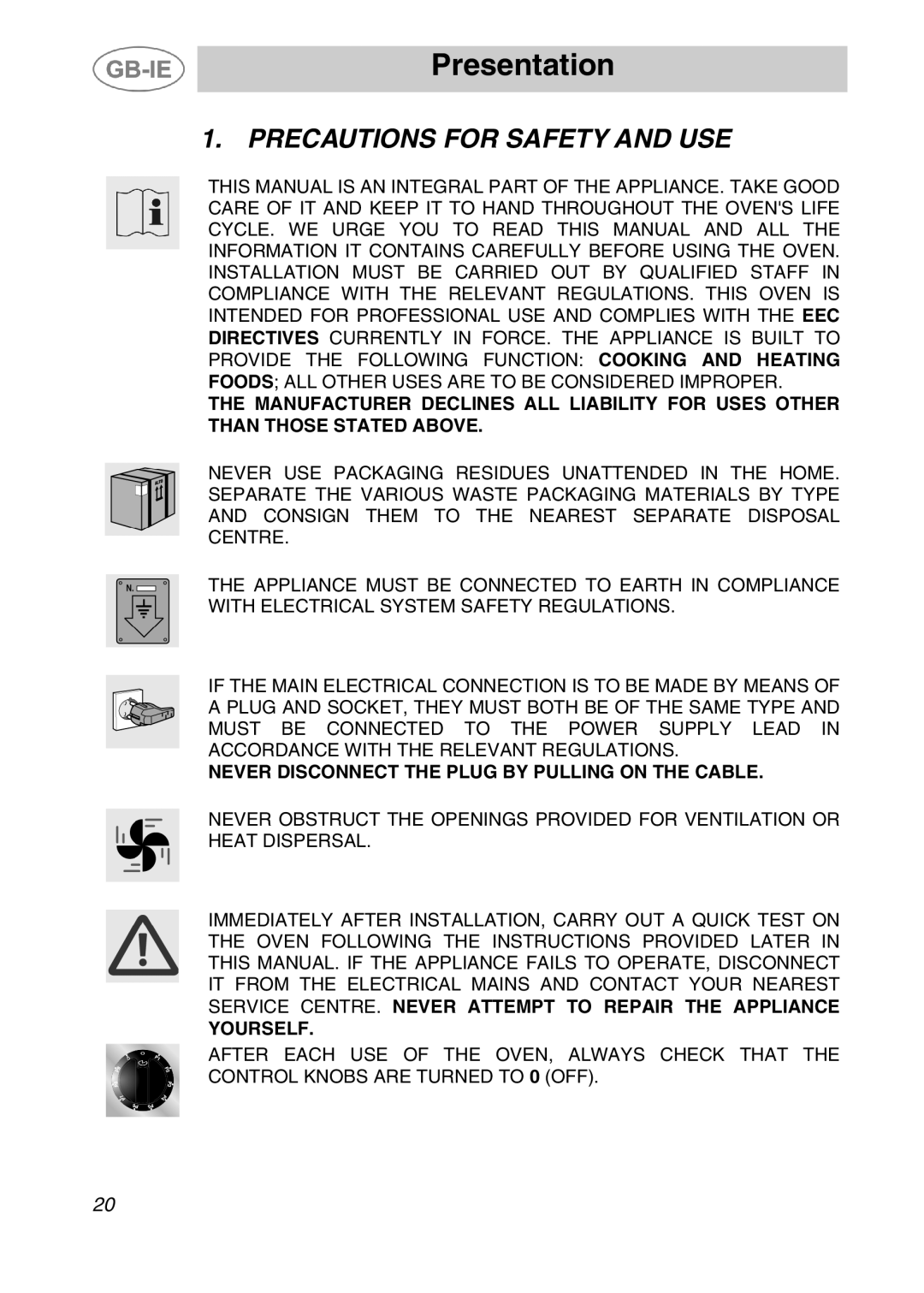 Smeg ALFA41XEN manual Presentation, Precautions for Safety and USE 