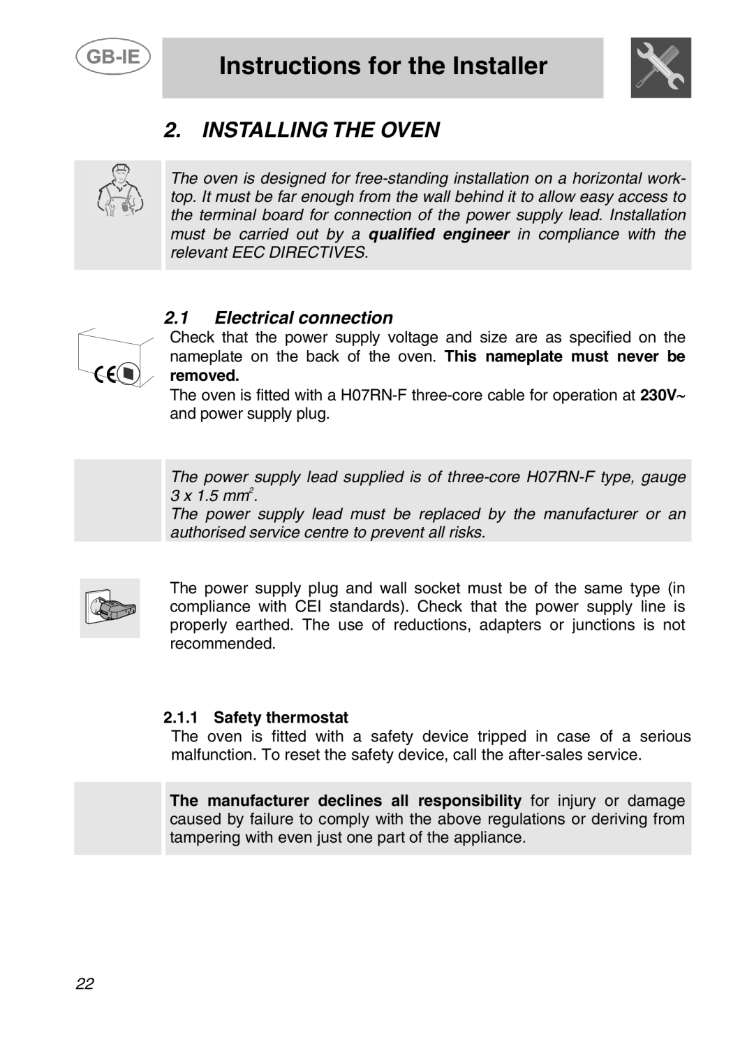 Smeg ALFA41XEN manual Instructions for the Installer, Installing the Oven, Electrical connection 