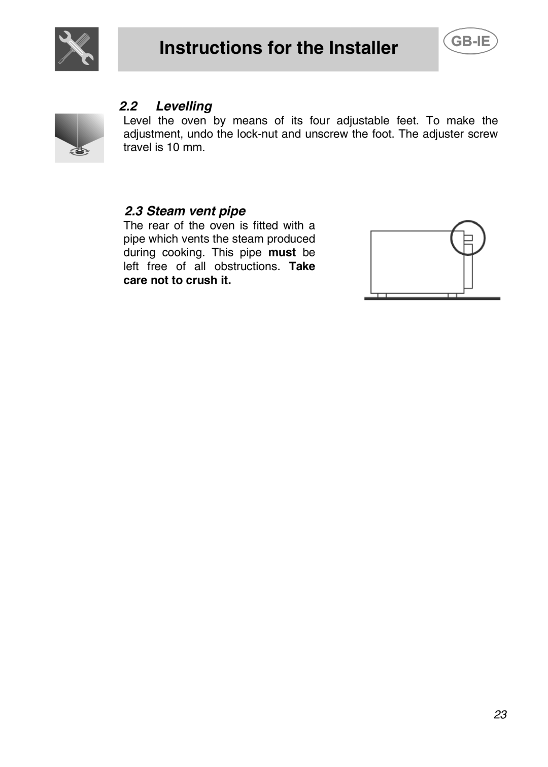 Smeg ALFA41XEN manual Levelling, Steam vent pipe 