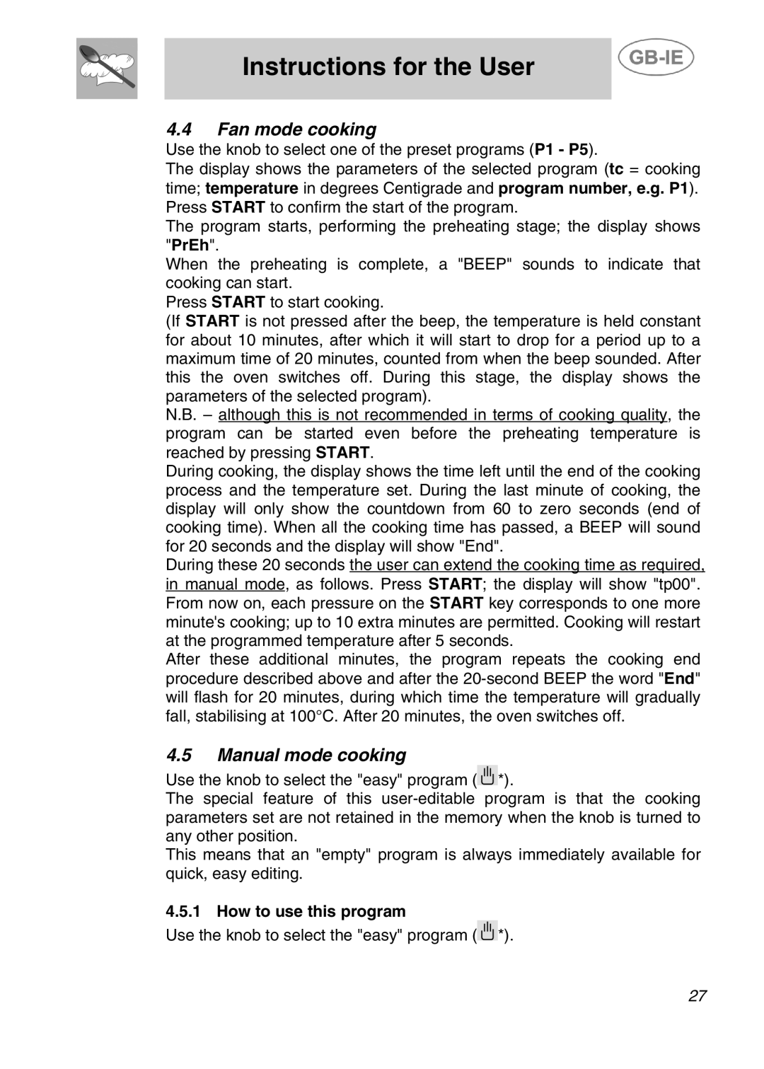 Smeg ALFA41XEN manual Fan mode cooking, Manual mode cooking 