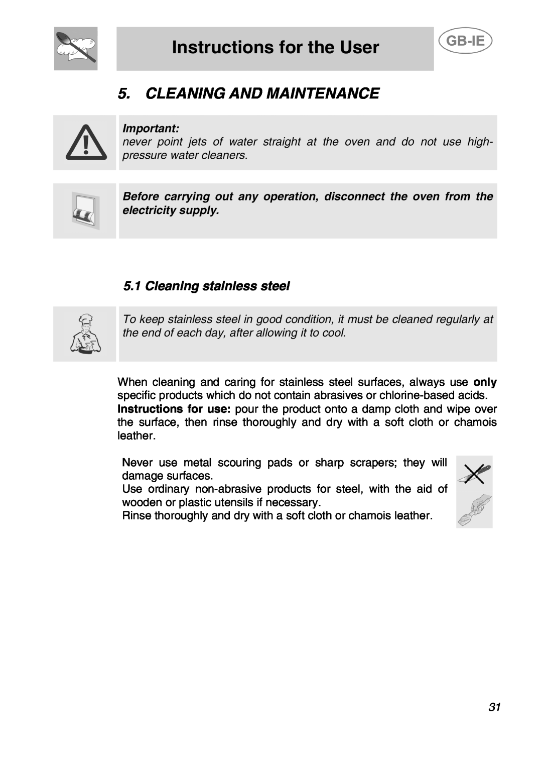 Smeg ALFA41XEN manual Cleaning And Maintenance, Cleaning stainless steel, Instructions for the User 