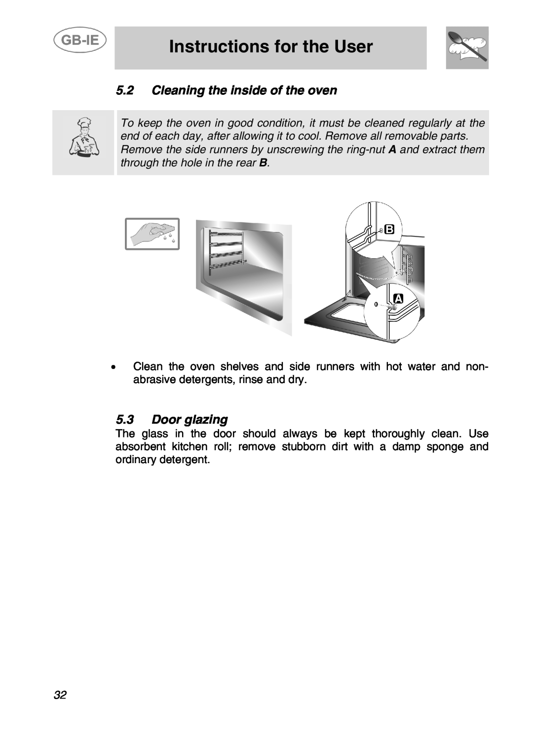 Smeg ALFA41XEN manual Cleaning the inside of the oven, Door glazing, Instructions for the User 