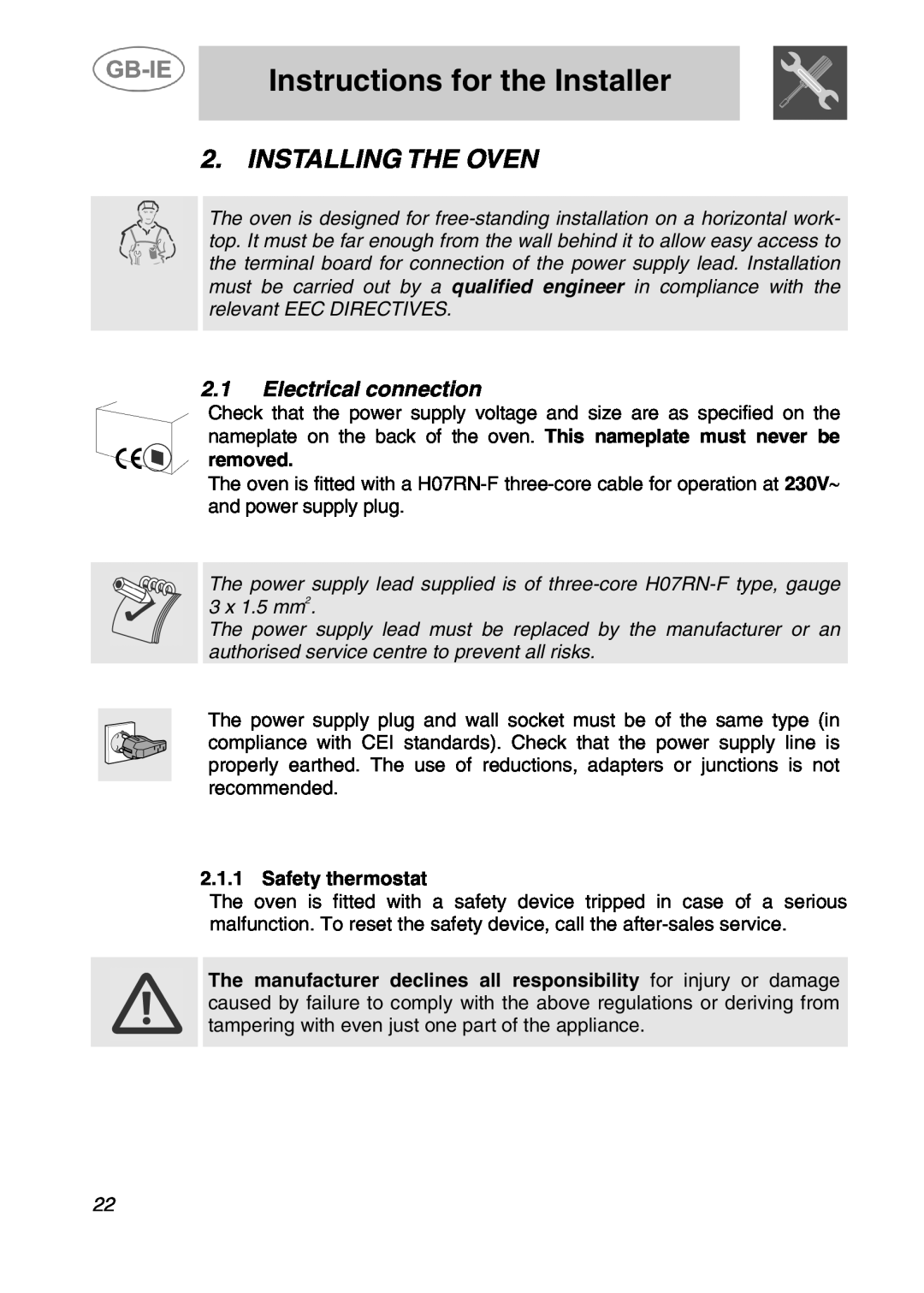 Smeg ALFA41XEN manual Instructions for the Installer, Installing The Oven, Electrical connection, Safety thermostat 