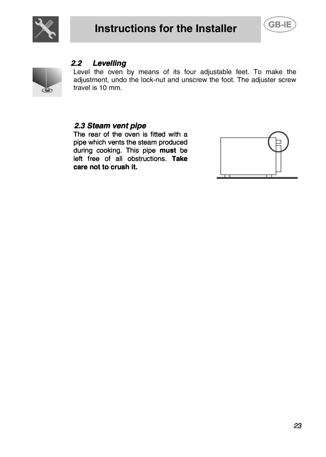 Smeg ALFA41XEN manual Levelling, Steam vent pipe, Instructions for the Installer 