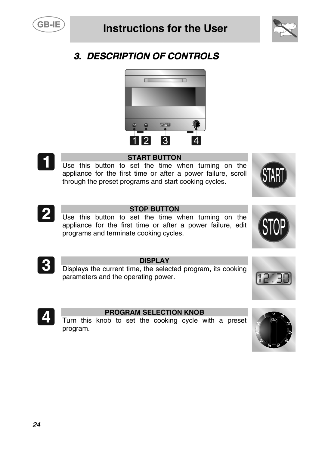 Smeg ALFA41XEN manual Instructions for the User, Description Of Controls, Start Button, Stop Button, Display 