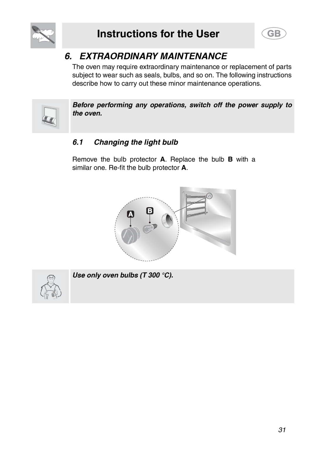 Smeg ALFA41XE2 manual Extraordinary Maintenance, Changing the light bulb 