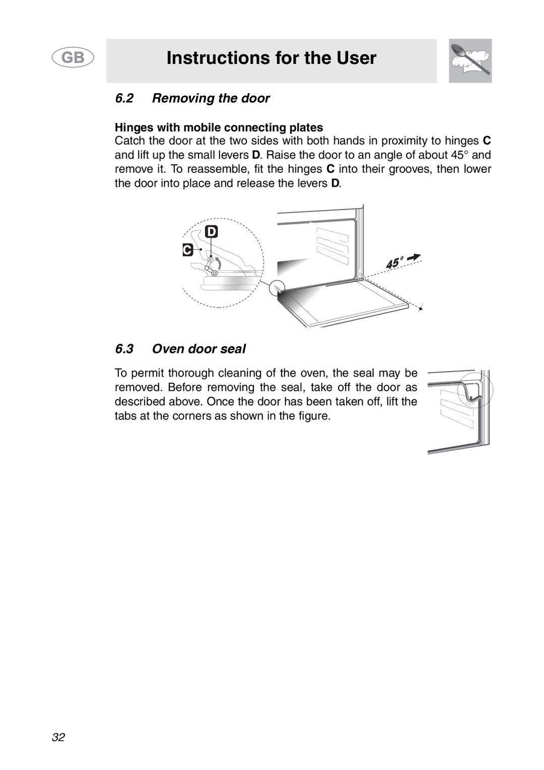 Smeg ALFA41XE2 manual Removing the door, Oven door seal, Hinges with mobile connecting plates 