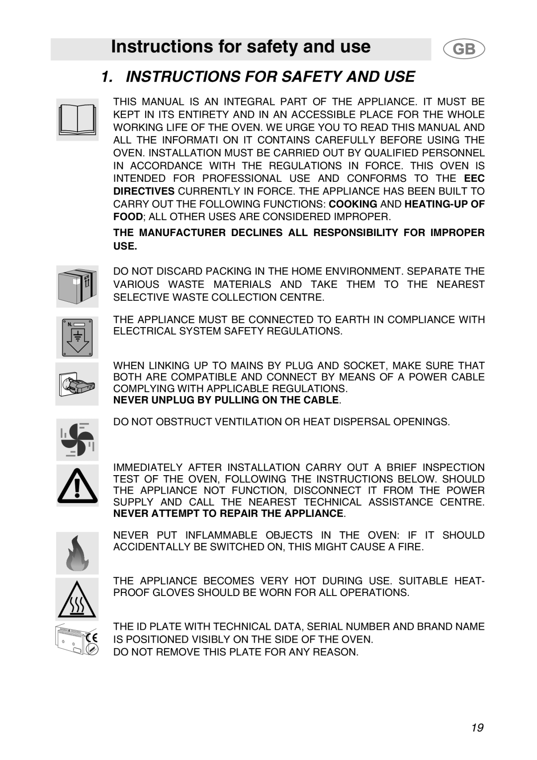 Smeg ALFA41XE2 manual Instructions for safety and use, Instructions for Safety and USE 