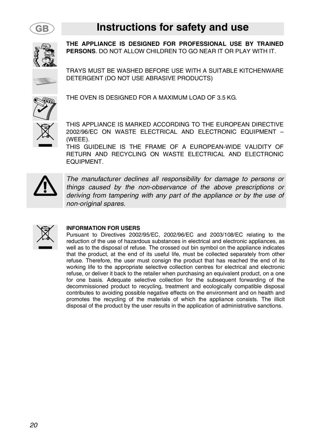 Smeg ALFA41XE2 manual Appliance is Designed for Professional USE by Trained 