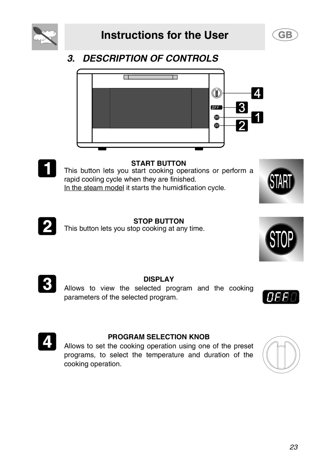 Smeg ALFA41XE2 manual Instructions for the User, Description of Controls 