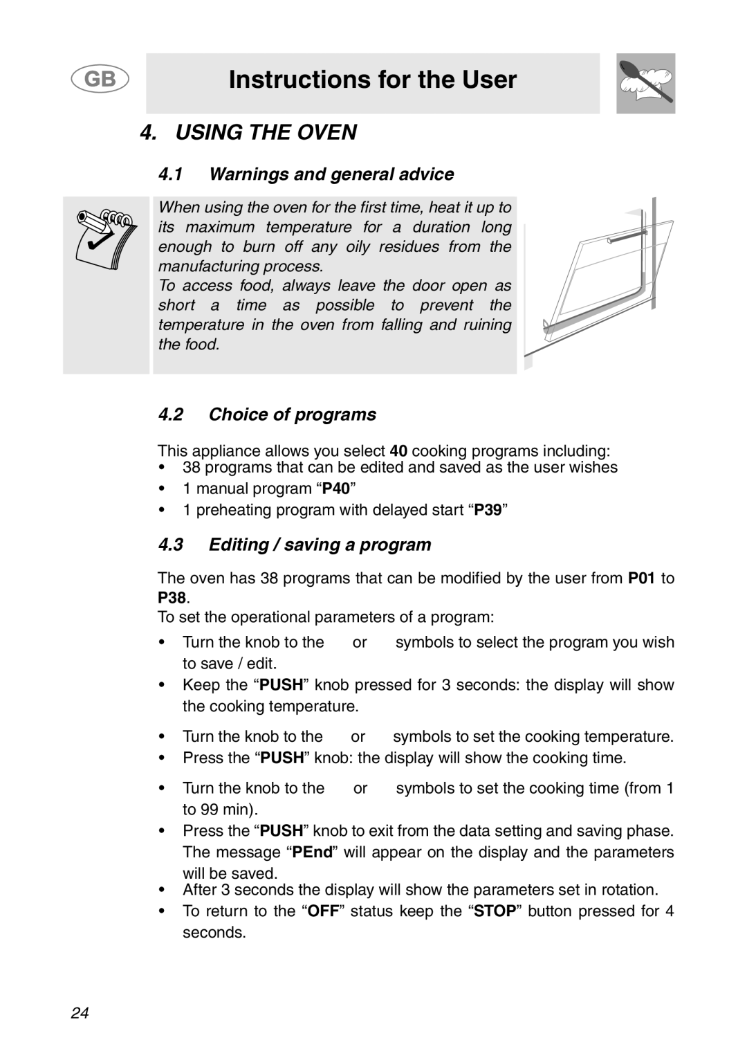 Smeg ALFA41XE2 manual Using the Oven, Choice of programs, Editing / saving a program, P38 