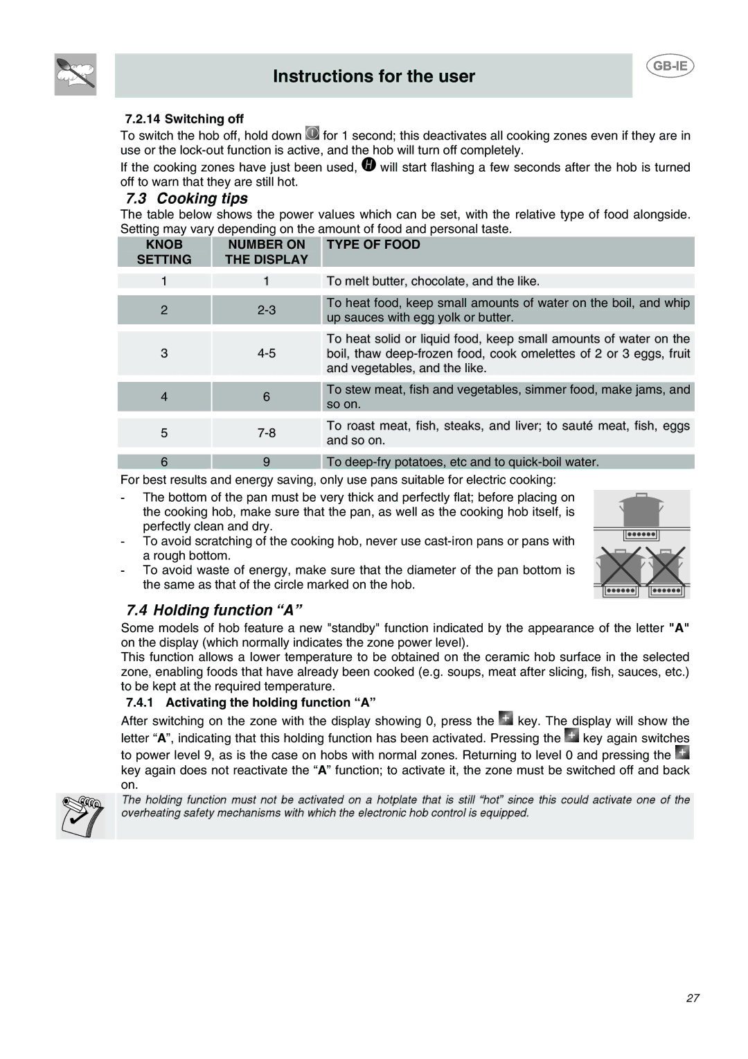 Smeg AP2640TCE, AP2641TCE, AP2640TC1 manual Cooking tips, Holding function a, Knob Number on Setting Display Type of Food 