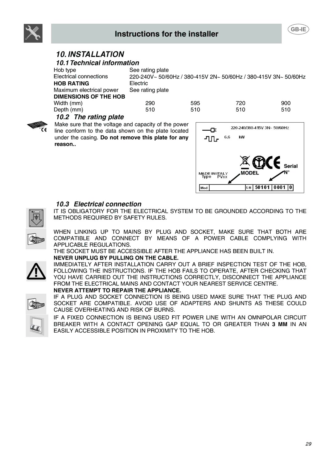 Smeg AP2641TCE, AP2640TCE, AP2640TC1 manual Installation, Technical information, Rating plate, Electrical connection 