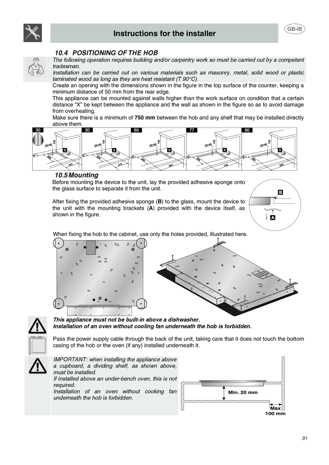 Smeg AP2640TC1, AP2641TCE, AP2640TCE manual Positioning of the HOB, Mounting 