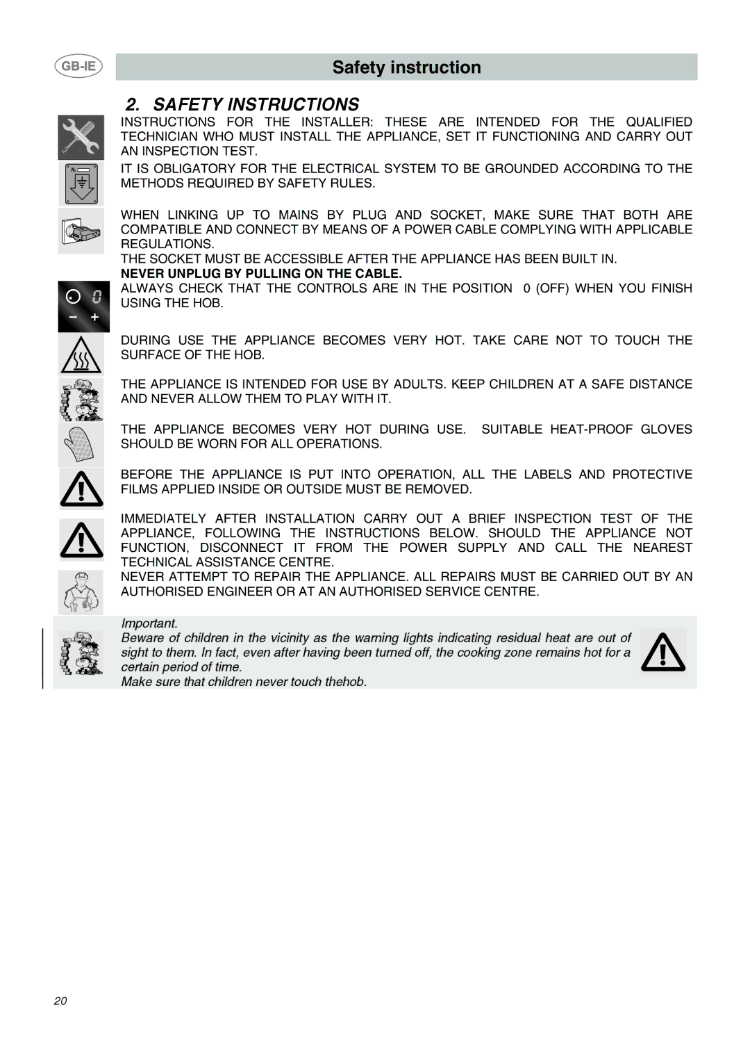 Smeg AP2641TCE, AP2640TCE, AP2640TC1 manual Safety Instructions, Never Unplug by Pulling on the Cable 