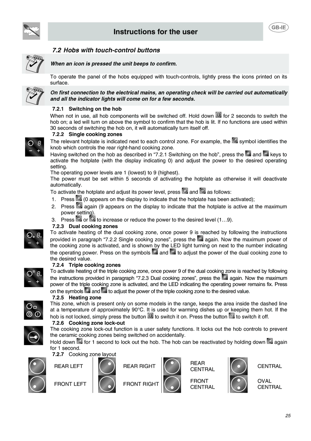 Smeg AP2640TC1, AP2641TCE manual Hobs with touch-control buttons, Switching on the hob, Triple cooking zones, Heating zone 