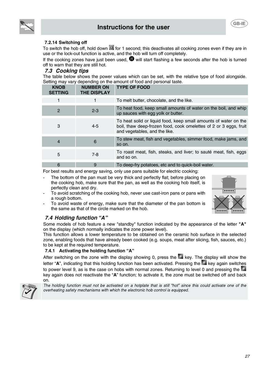 Smeg AP2640TCE Cooking tips, Holding function “A”, Instructions for the user, Switching off, Knob, Number On, Setting 