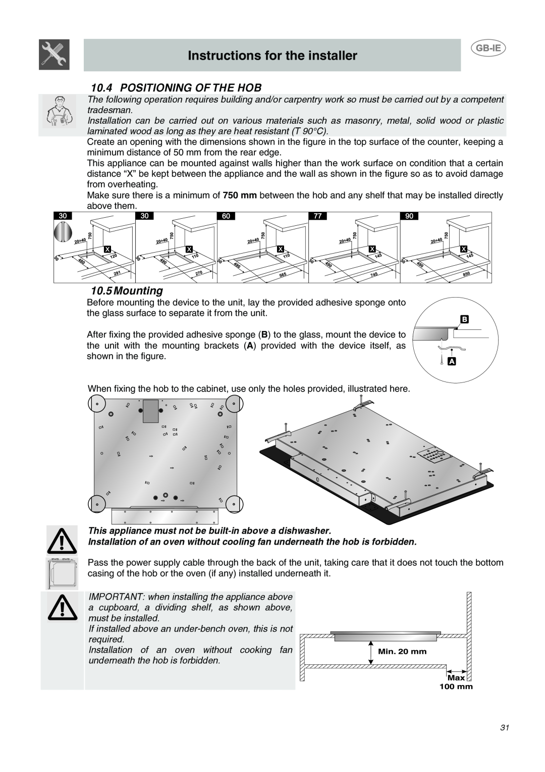 Smeg AP2640TC1, AP2641TCE, AP2640TCE manual Positioning Of The Hob, Mounting, Instructions for the installer 