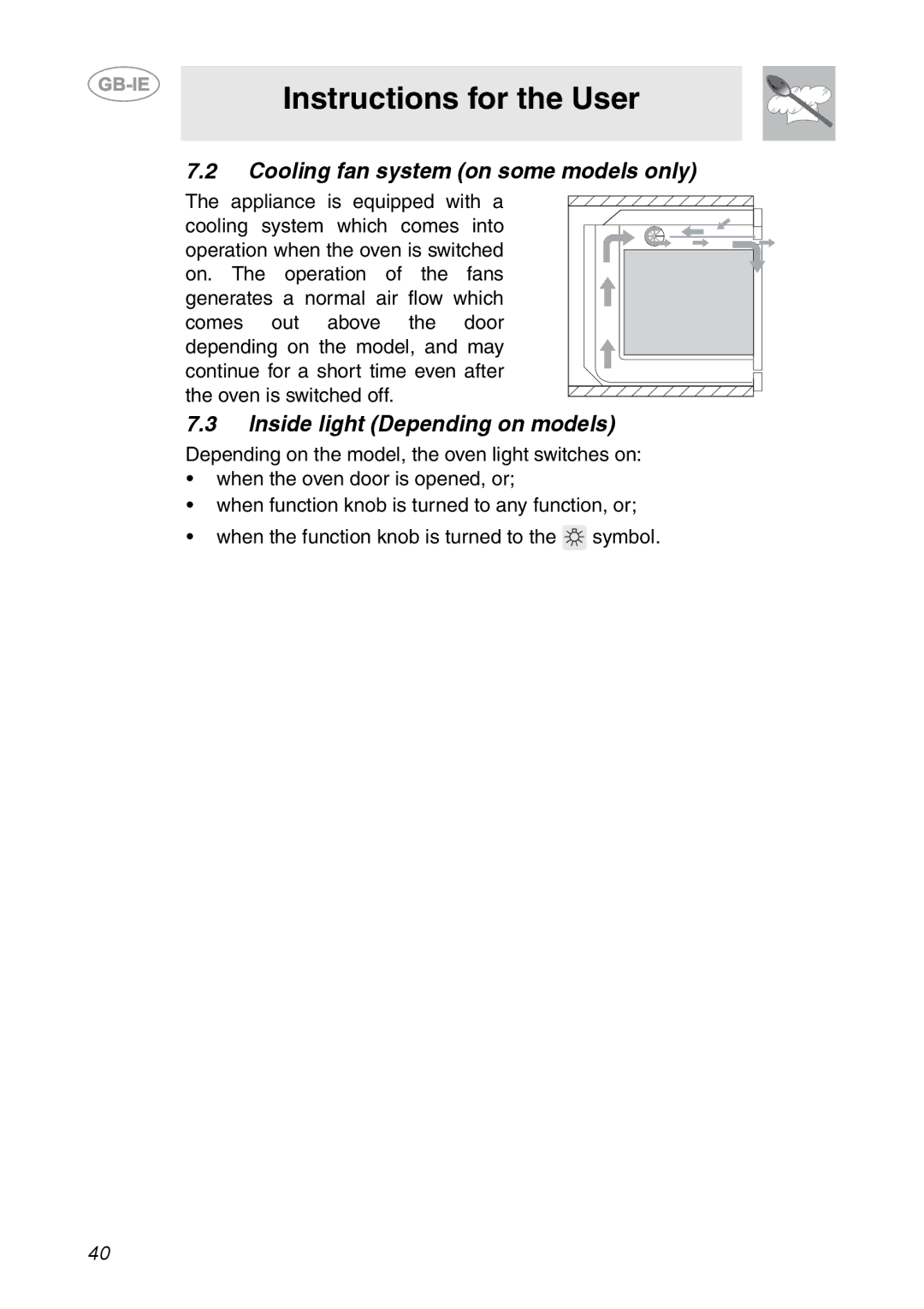 Smeg AP361MFX, AP361MFN, AP361MFEB manual Cooling fan system on some models only, Inside light Depending on models 