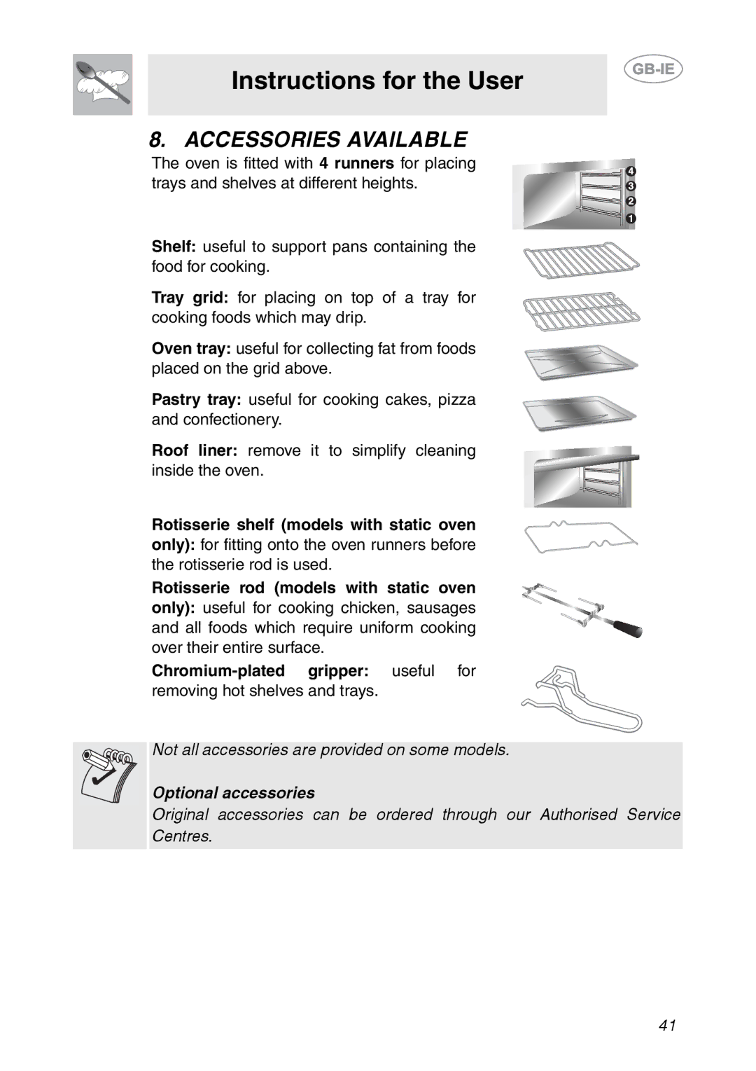 Smeg AP361MFN, AP361MFEB, AP361MFX manual Accessories Available, Rotisserie rod models with static oven 