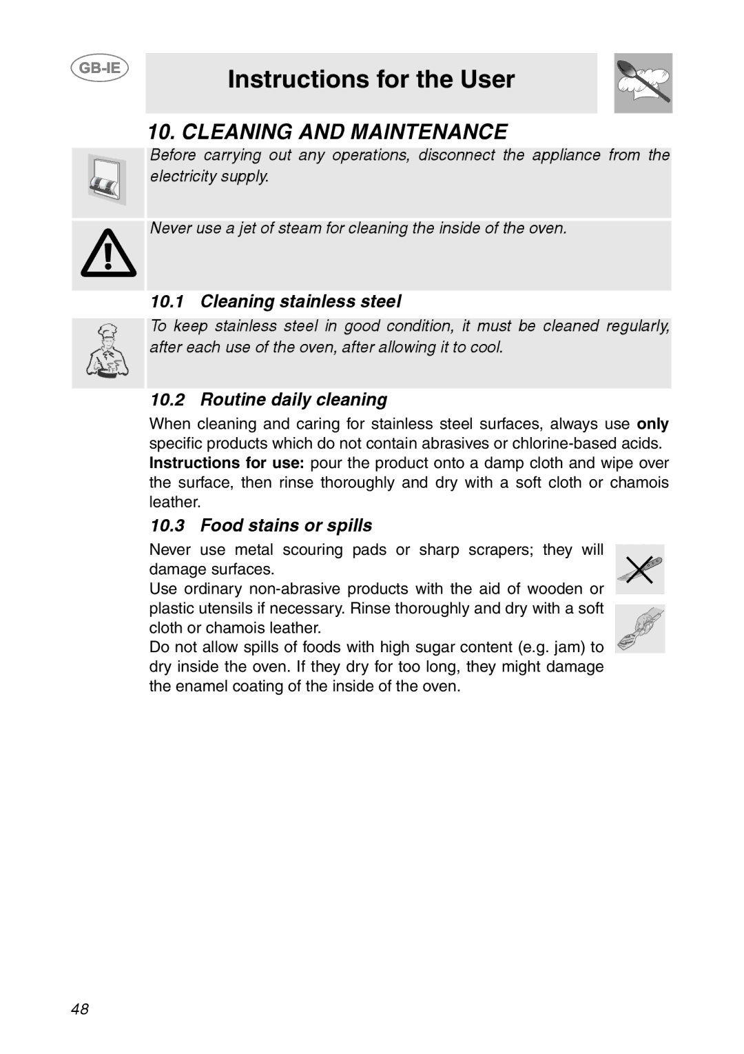 Smeg AP361MFEB, AP361MFN Cleaning and Maintenance, Cleaning stainless steel, Routine daily cleaning, Food stains or spills 