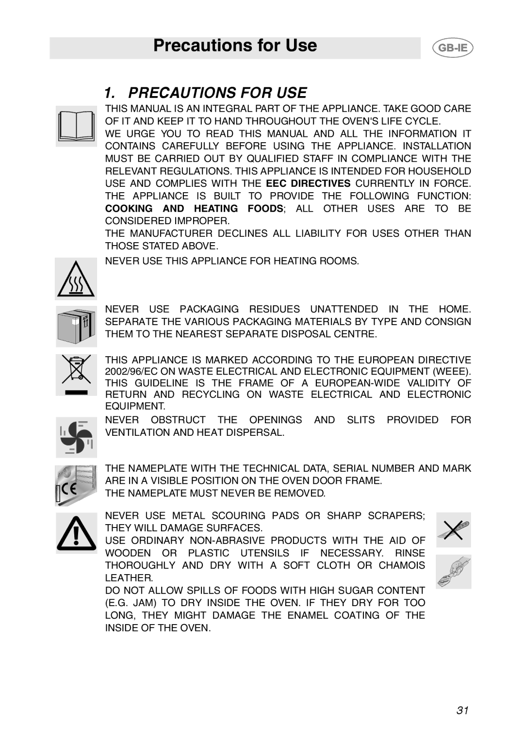 Smeg AP361MFX, AP361MFN, AP361MFEB manual Precautions for Use, Precautions for USE 