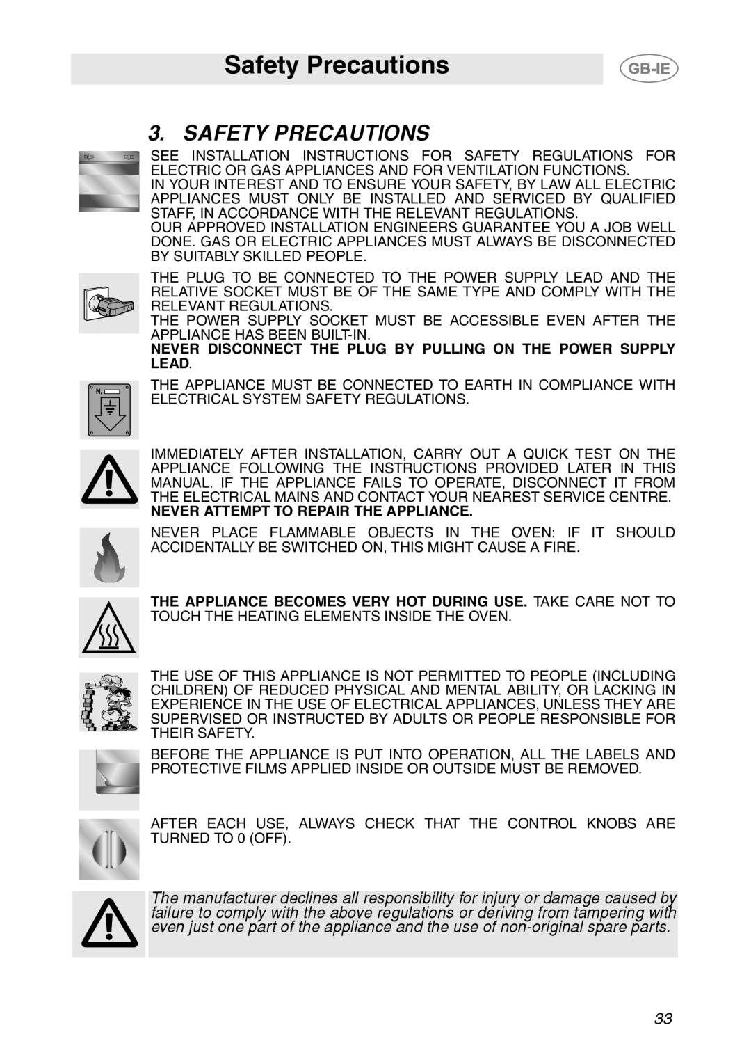 Smeg AP361MFEB, AP361MFN, AP361MFX manual Safety Precautions 