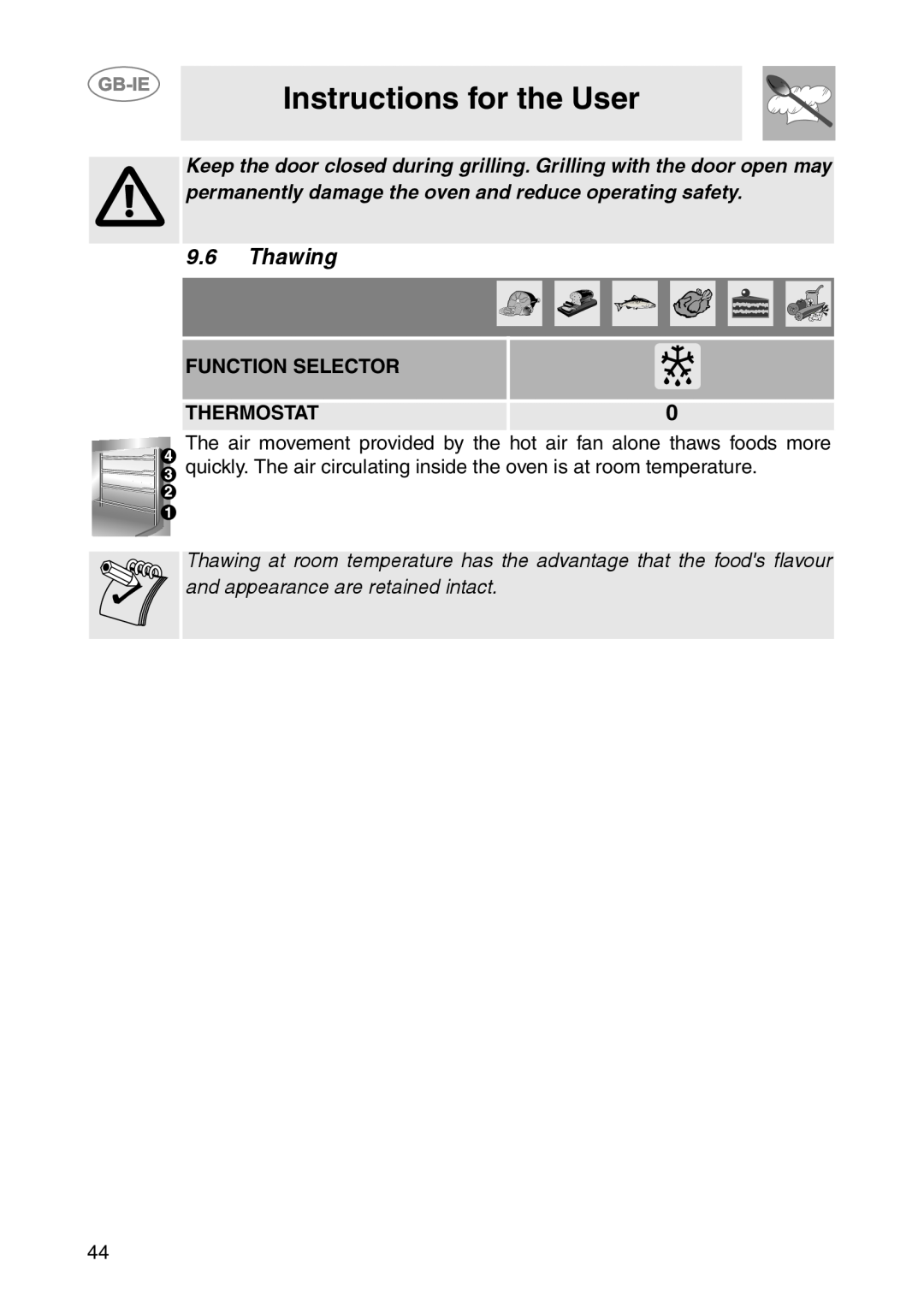 Smeg AP361MFN, AP361MFEB, AP361MFX manual Thawing, Instructions for the User, Function Selector, Thermostat 