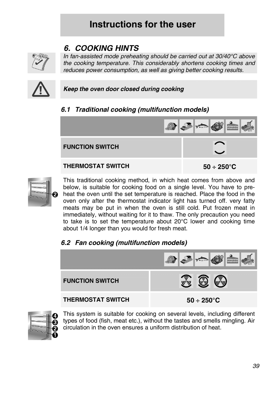 Smeg AP410X, AP320XC, AP320EB Cooking Hints, Traditional cooking multifunction models, Fan cooking multifunction models 