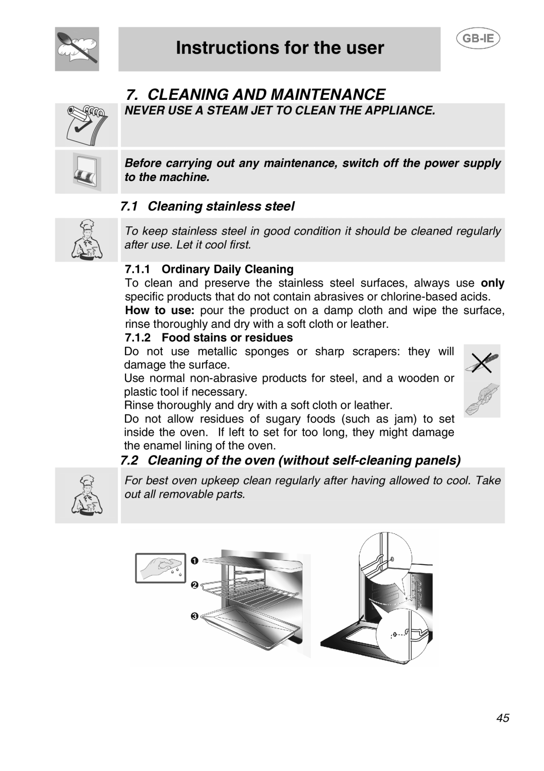 Smeg AP410X, AP320XC Cleaning and Maintenance, Cleaning stainless steel, Cleaning of the oven without self-cleaning panels 