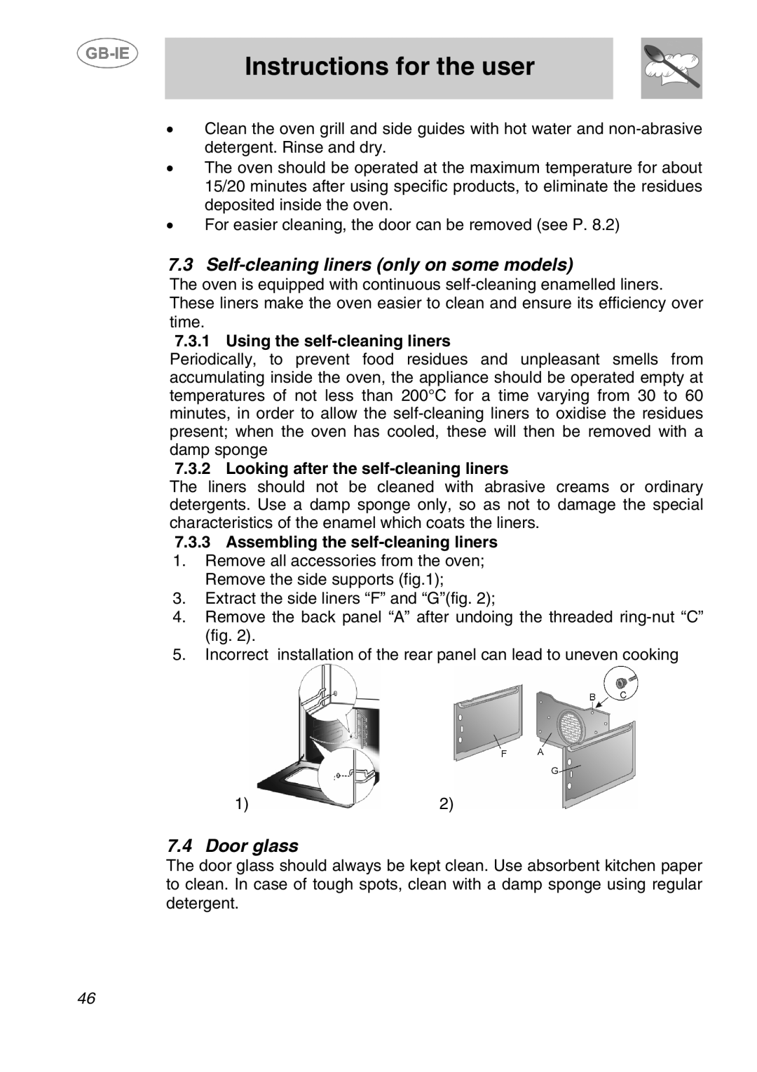 Smeg AP320XC, AP410X, AP320EB manual Self-cleaning liners only on some models, Door glass, Using the self-cleaning liners 