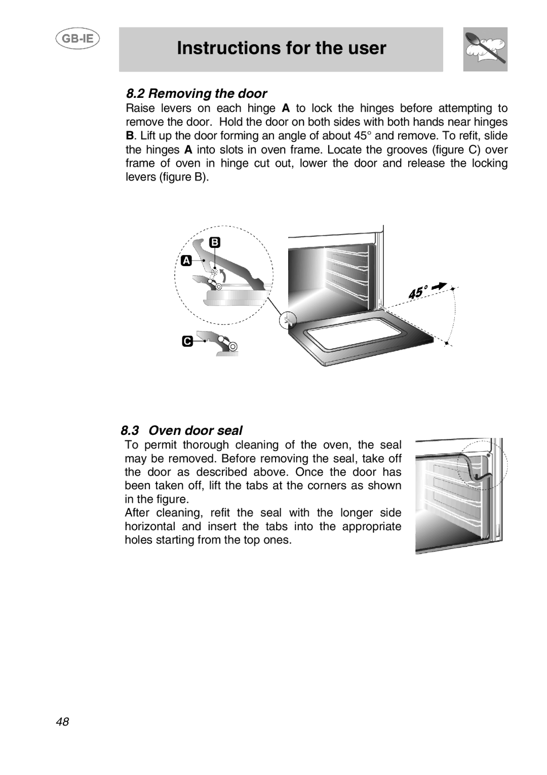 Smeg AP320EB, AP410X, AP320XC manual Removing the door, Oven door seal 