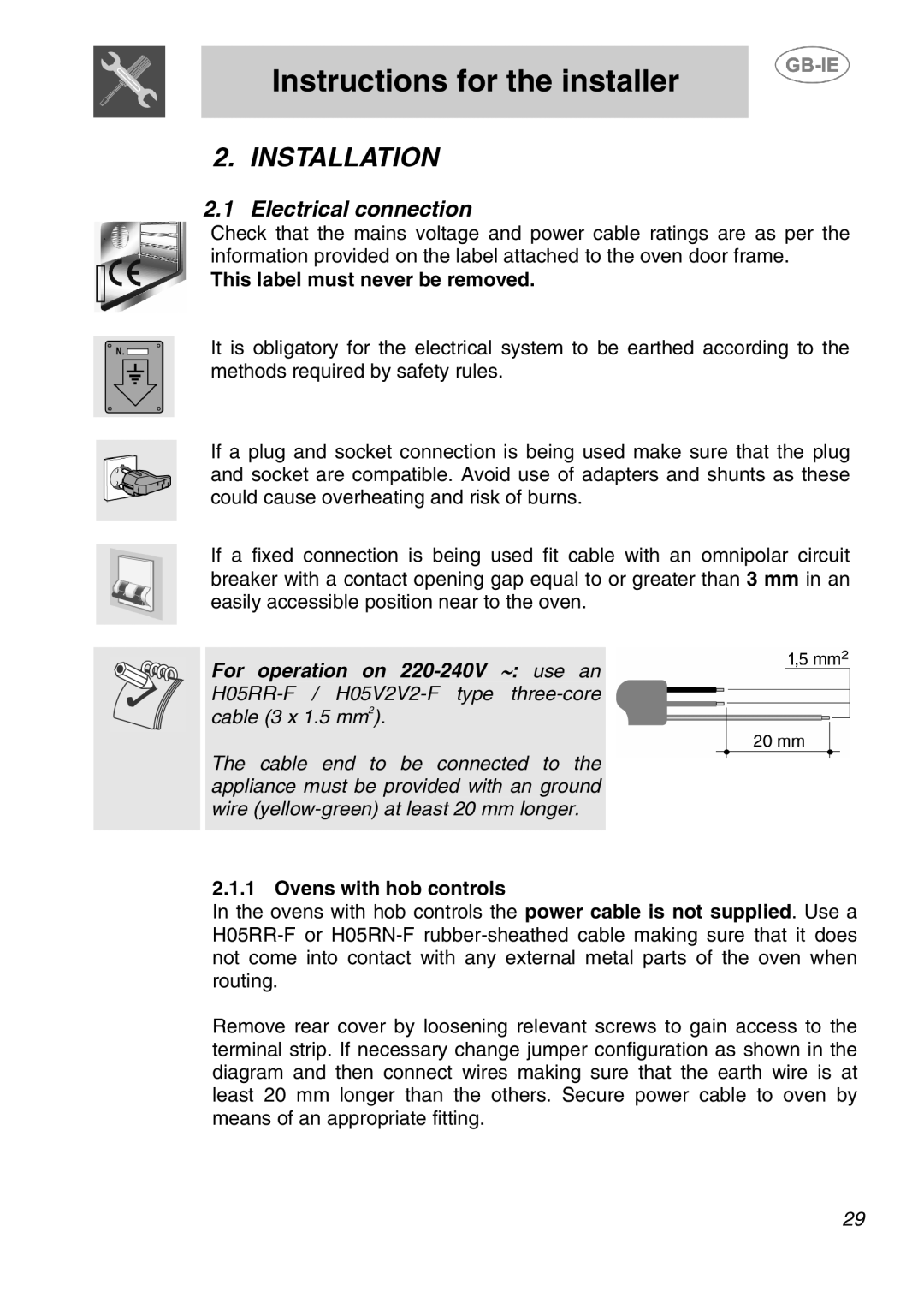 Smeg AP320X, AP410X Instructions for the installer, Installation, Electrical connection, This label must never be removed 