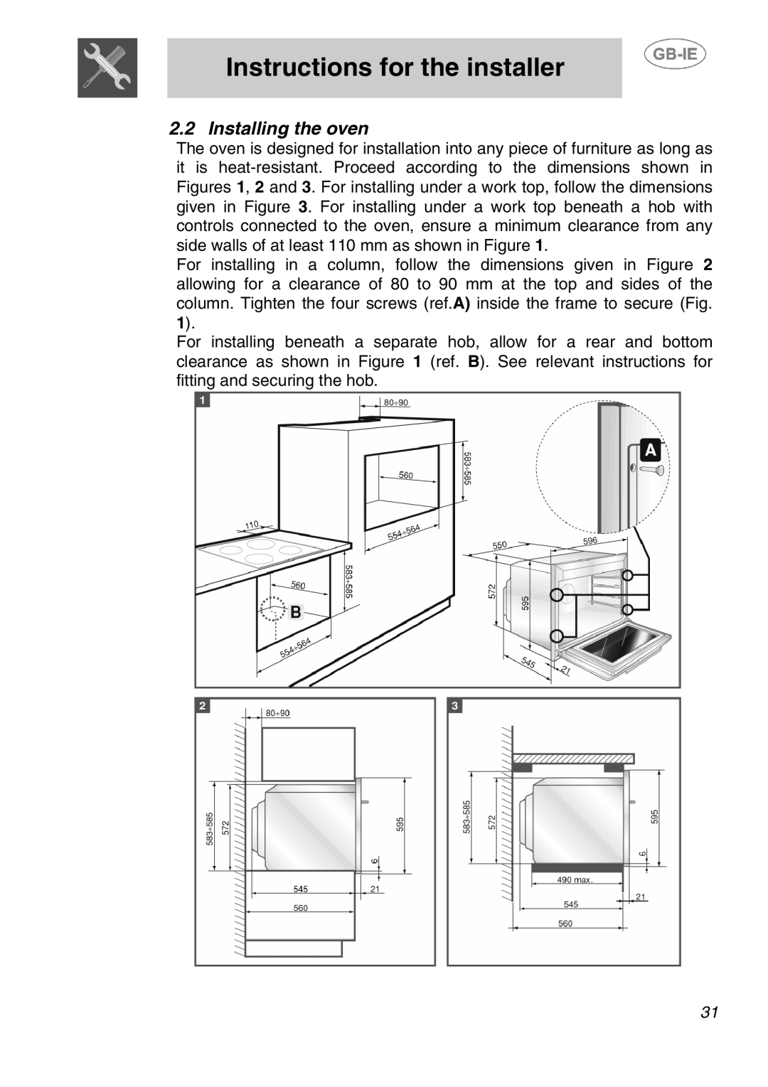 Smeg AP320XC, AP410X, AP320EB manual Installing the oven 