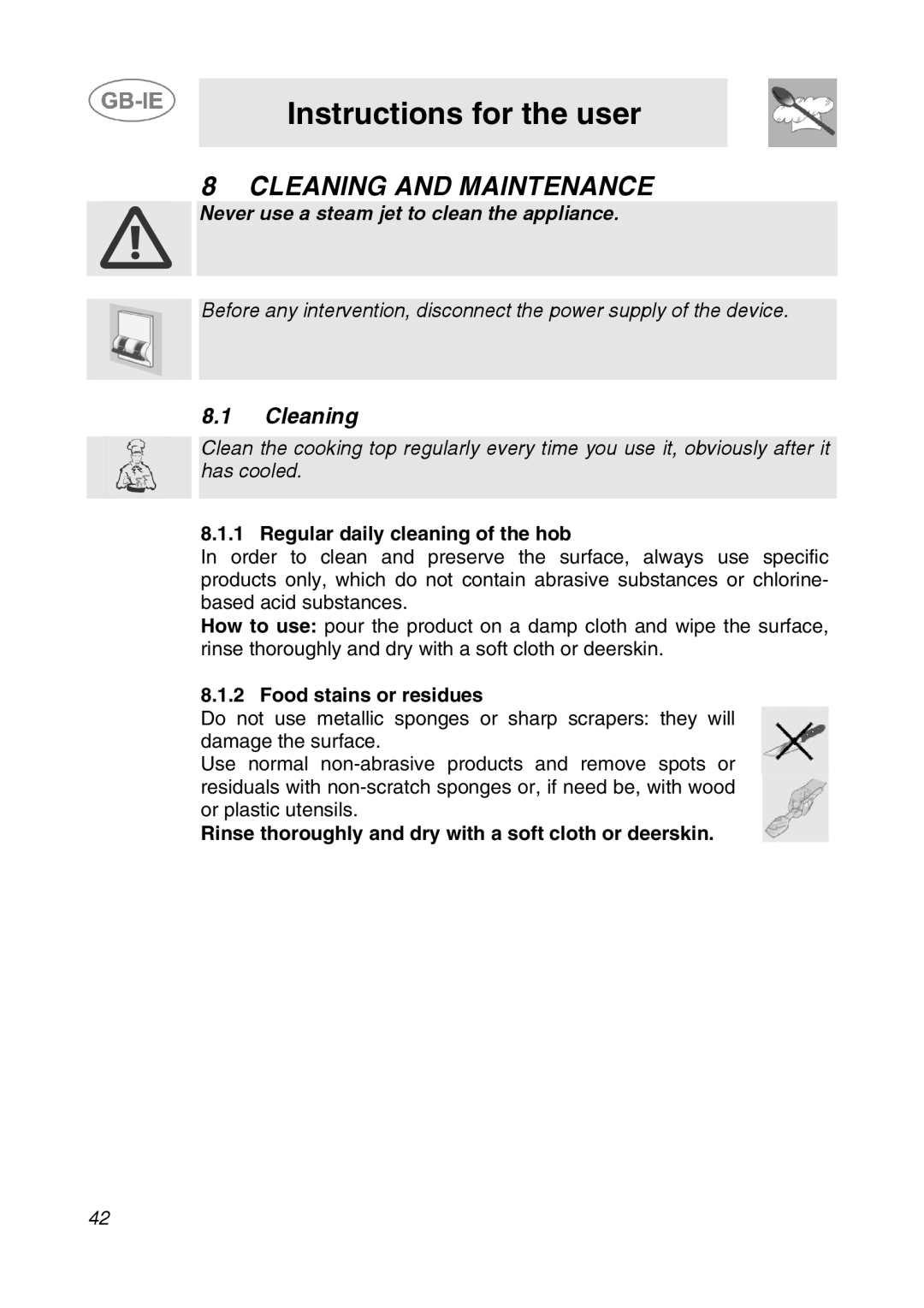 Smeg AP64S3 manual Cleaning and Maintenance, Regular daily cleaning of the hob, Food stains or residues 