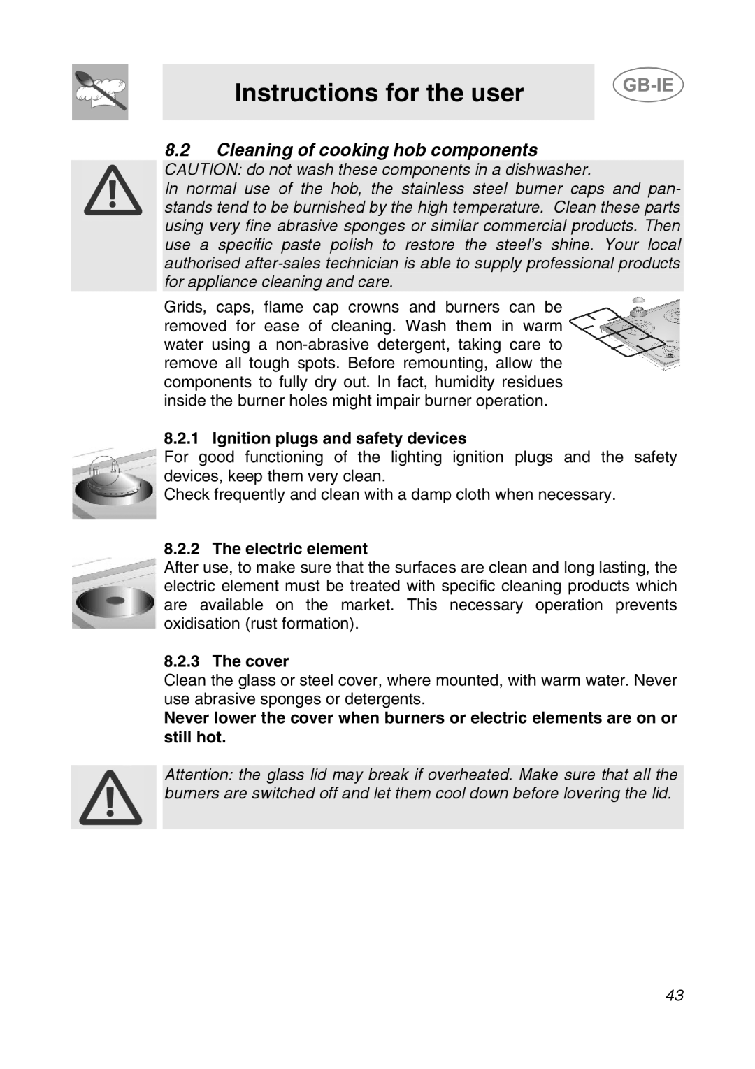 Smeg AP64S3 manual Cleaning of cooking hob components, Ignition plugs and safety devices, Electric element, Cover 