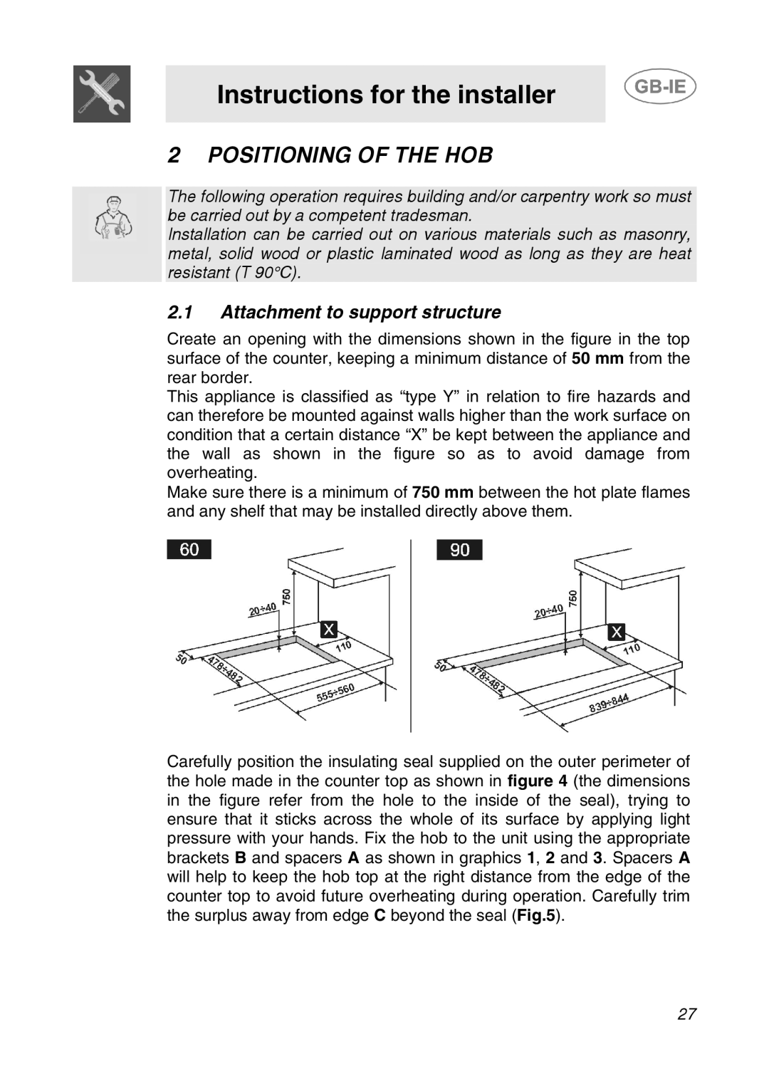 Smeg AP64S3 manual Instructions for the installer, Positioning of the HOB, Attachment to support structure 