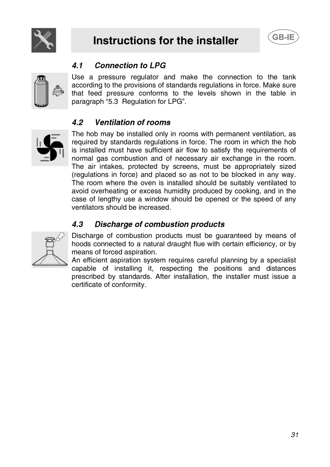 Smeg AP64S3 manual Connection to LPG, Ventilation of rooms, Discharge of combustion products 