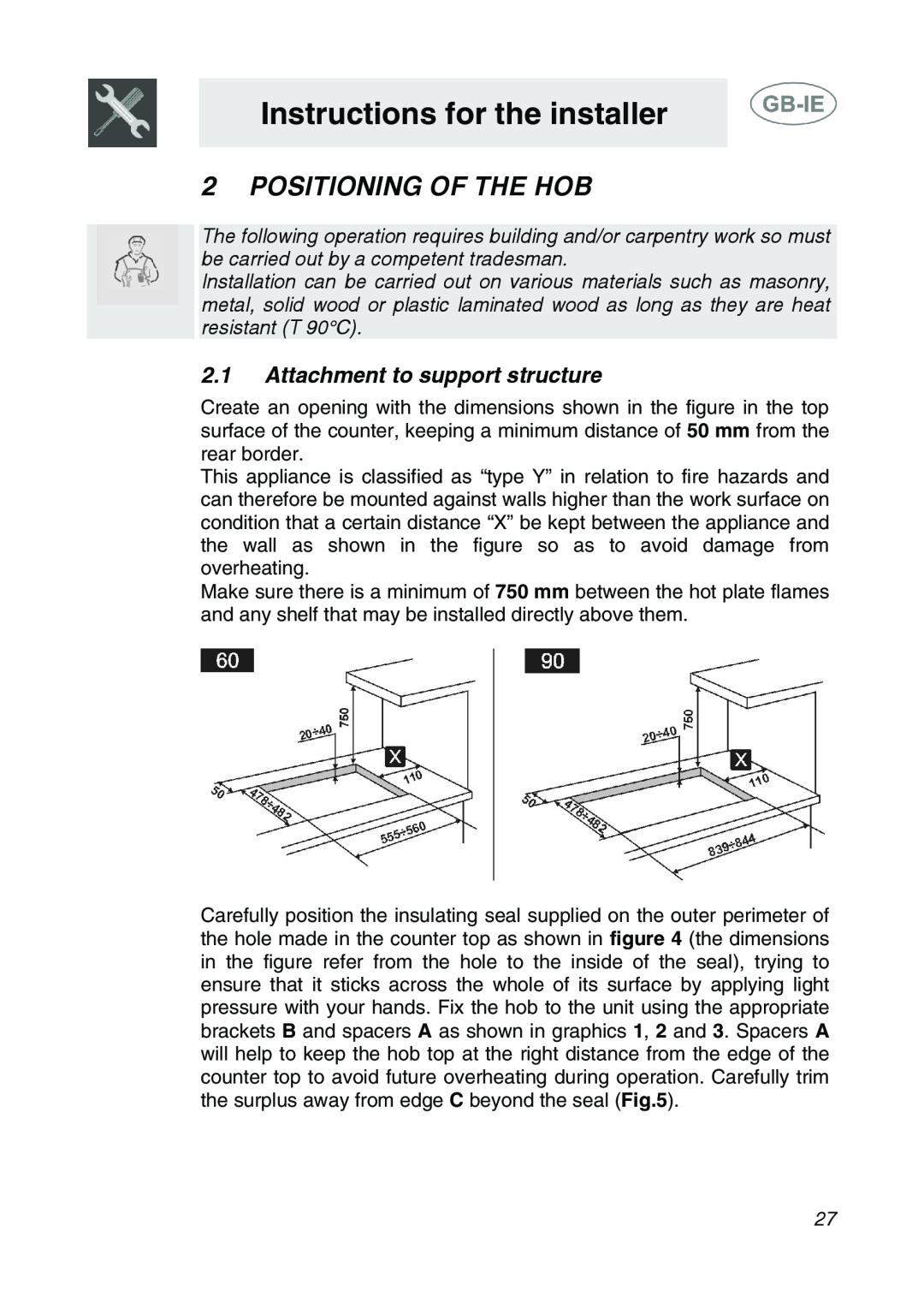 Smeg AP64S3 manual Instructions for the installer, Positioning Of The Hob, Attachment to support structure 