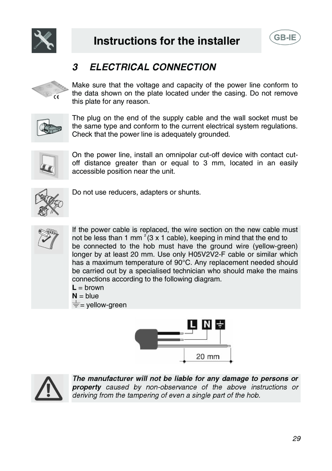 Smeg AP64S3 manual Electrical Connection, Instructions for the installer 