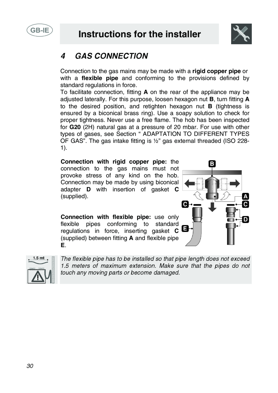 Smeg AP64S3 manual Gas Connection, Instructions for the installer 
