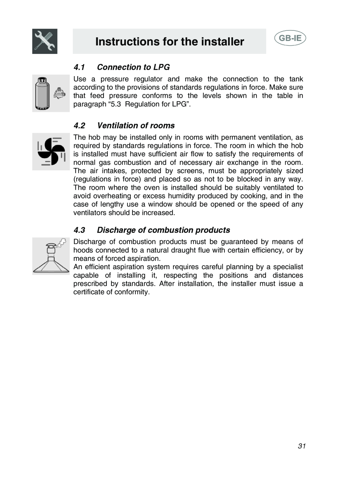 Smeg AP64S3 Connection to LPG, Ventilation of rooms, Discharge of combustion products, Instructions for the installer 