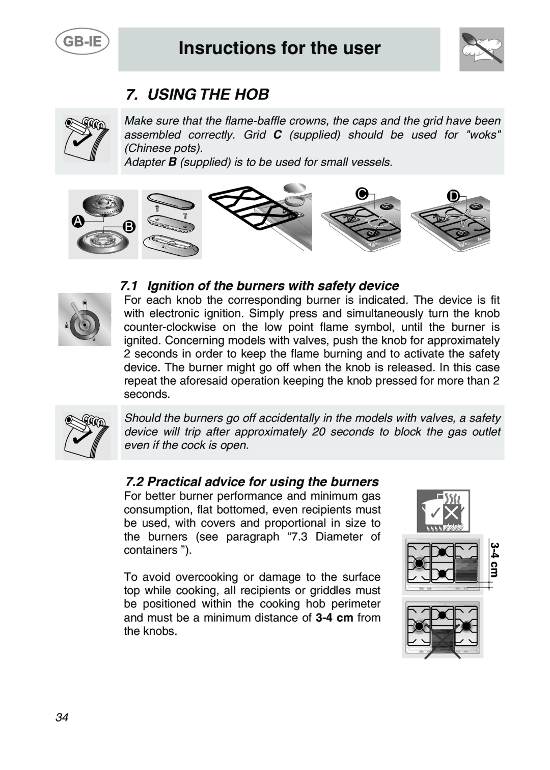 Smeg AP704S3 manual Insructions for the user, Using the HOB, Ignition of the burners with safety device 