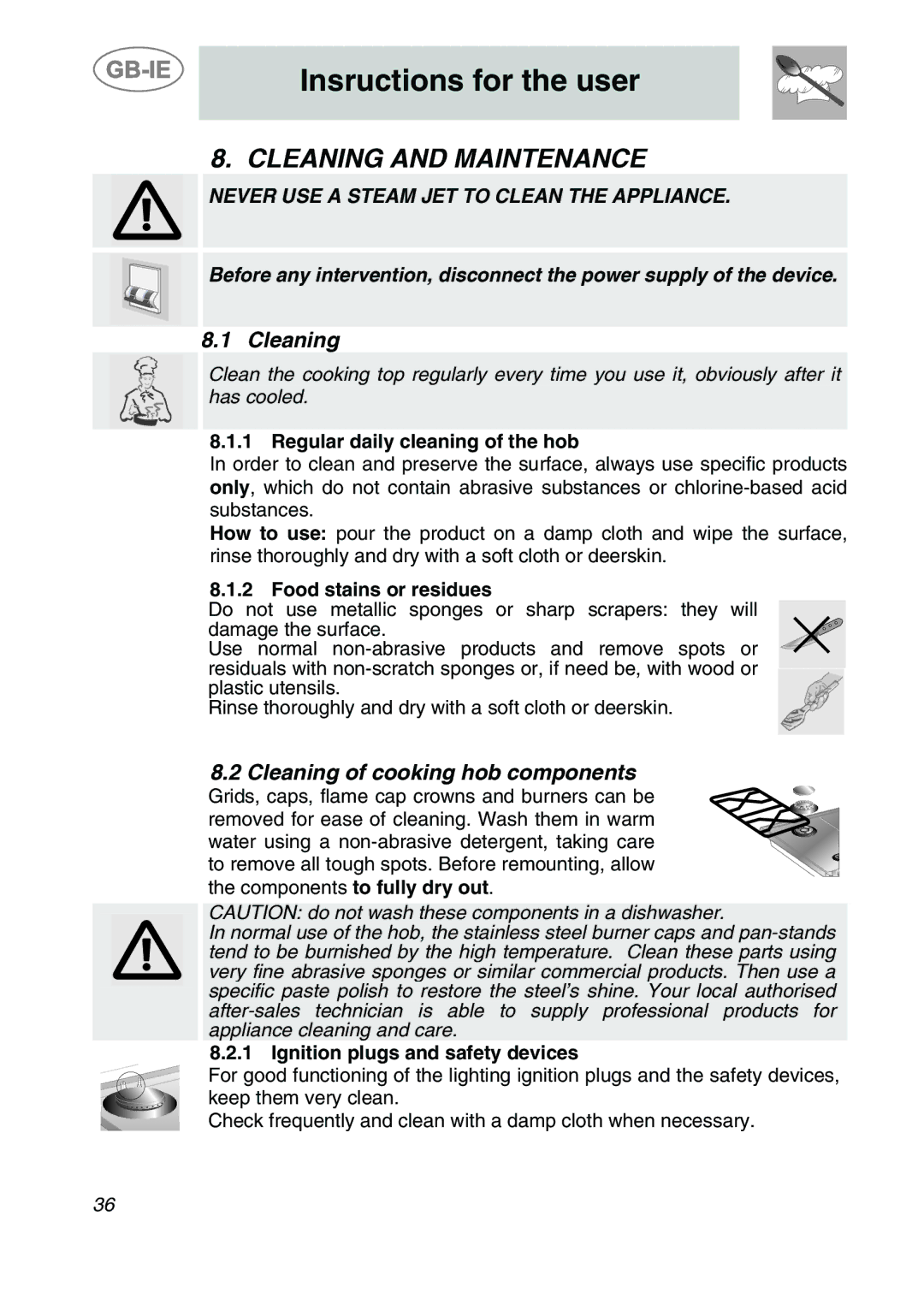 Smeg AP704S3 manual Cleaning and Maintenance, Cleaning of cooking hob components 