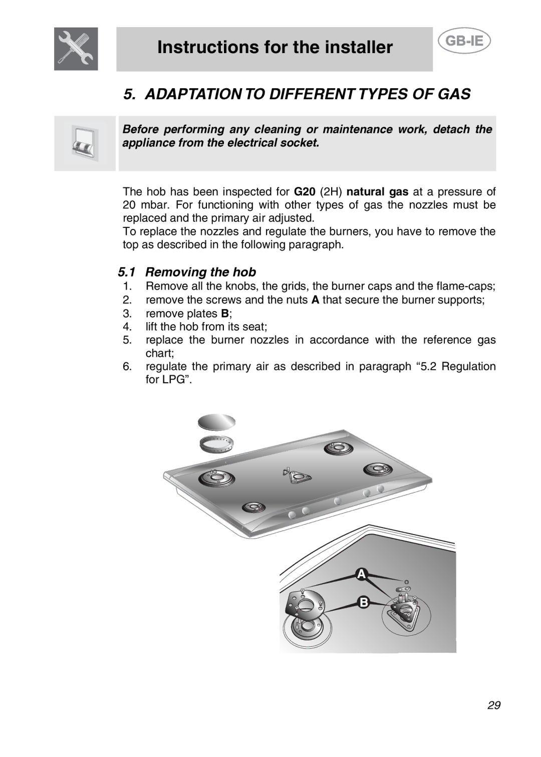 Smeg AP704S3 manual Adaptation to Different Types of GAS, Removing the hob 