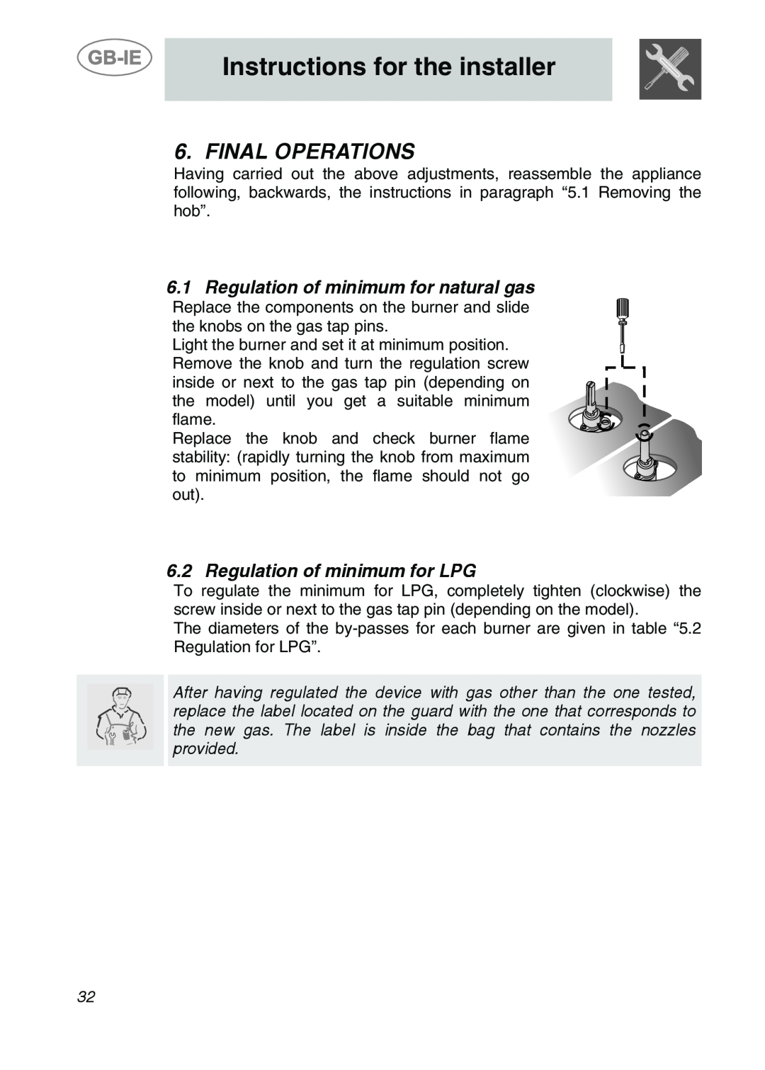 Smeg AP704S3 manual Final Operations, Regulation of minimum for natural gas, Regulation of minimum for LPG 