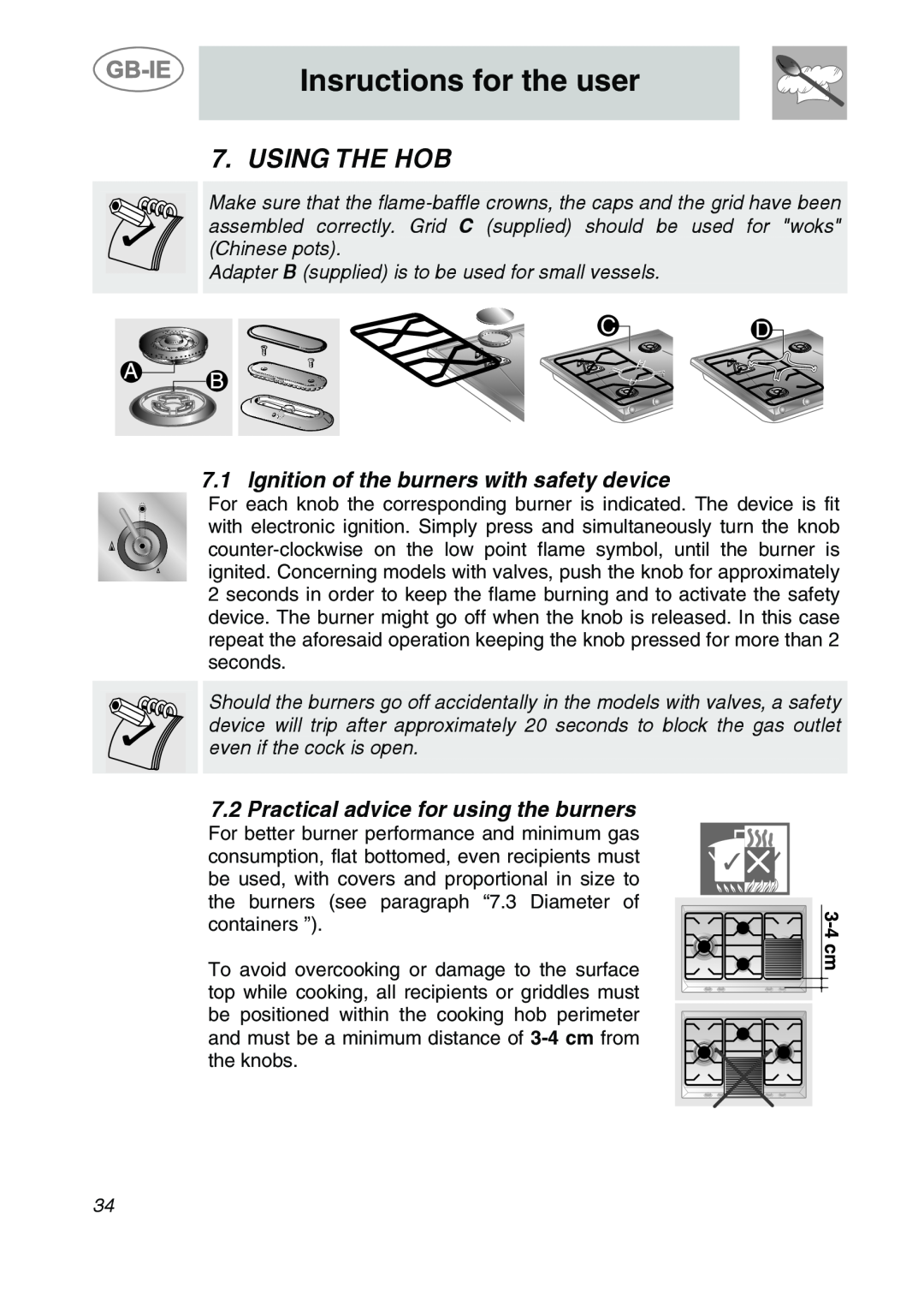 Smeg AP704S3 manual Insructions for the user, Using The Hob, Ignition of the burners with safety device 