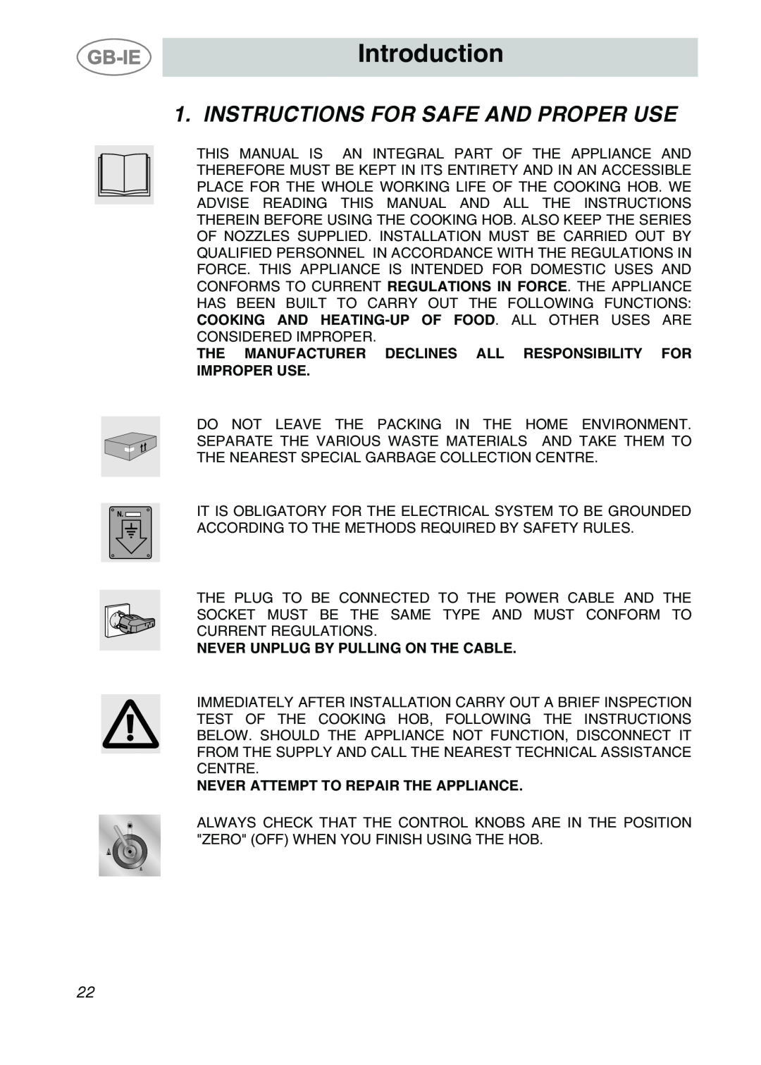 Smeg AP704S3 manual Introduction, Instructions For Safe And Proper Use, Never Unplug By Pulling On The Cable 