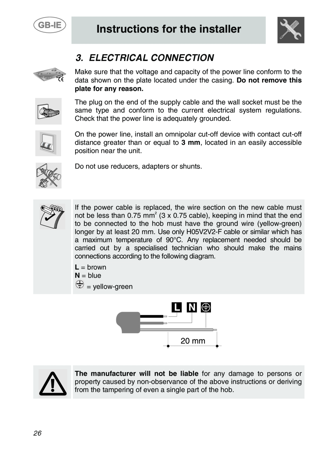 Smeg AP704S3 manual Electrical Connection, Instructions for the installer 
